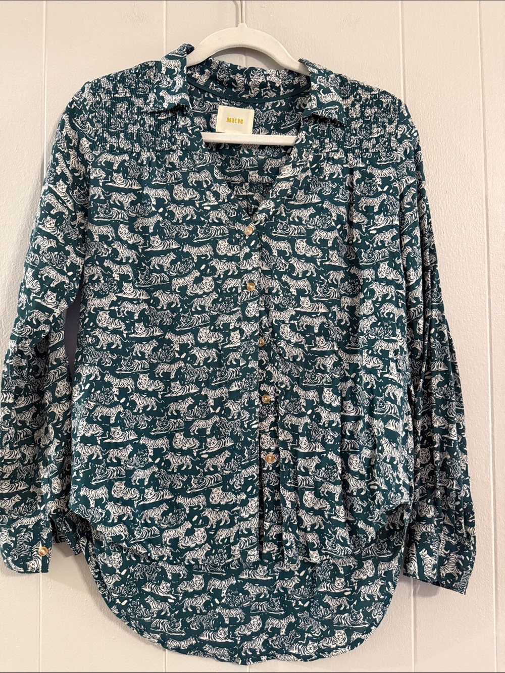 Anthropologie Maeve “Amara” Teal White Tiger-Print Button-Up Shirt